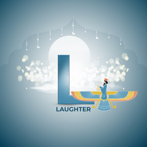 Illustration of the Persian letter 'L' incorporating the Faravahar symbol and the word 'Laughter'.