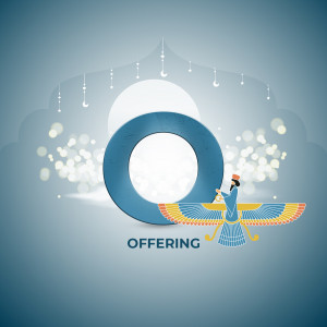 Illustration of a Faravahar with the letter 'O' and the word 'Offering' for Nowruz