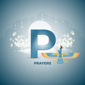 Illustration of the letter 'P' with a Persian figure and Nowruz decorations