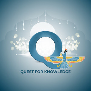 Illustration of Faravahar symbol with the letter 'Q' and text 'Quest for Knowledge'