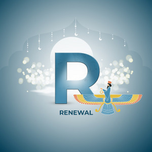 Illustration of the Persian letter 'R' with a figure representing renewal and hope.