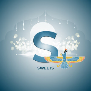 Illustration of a winged figure with a large letter 'S' and the word 'Sweets' for Nowruz celebrations.