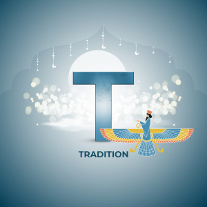 Illustration of a winged figure representing Persian tradition with a large letter T