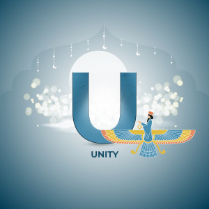 Illustration of the Faravahar symbol integrated with the letter U, representing unity.