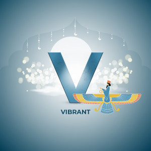 Letter V with a winged figure inspired by Persian art