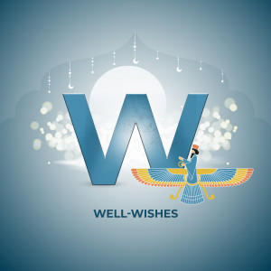 Illustration of the Faravahar symbol with a large letter 'W' and the text 'Well-Wishes'.