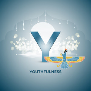 Illustration of the letter Y with a Faravahar symbol and a crescent moon for Nowruz