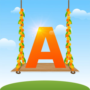 Orange letter 'A' decorated with marigold flowers hanging from ropes against a blue sky and green landscape.