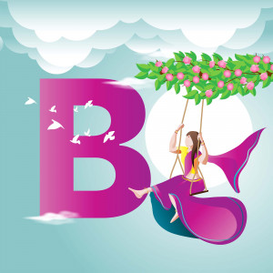 Illustration of a large letter B with a girl swinging from it.