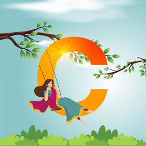 Illustration of a girl swinging on a large letter 'C' with a sunset background.