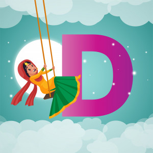 Illustration of a girl on a swing in front of a large letter D
