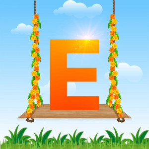 Orange letter E hanging from a rope decorated with marigolds against a blue sky