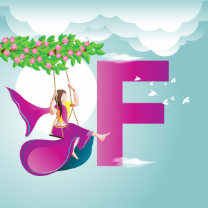 Illustration of the letter F with a girl swinging from it