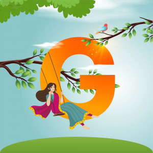 Illustration of a girl swinging on a large letter G