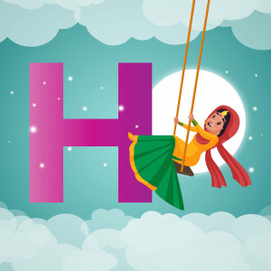 Illustration of the letter H with a girl in traditional Indian clothing swinging in front of it.