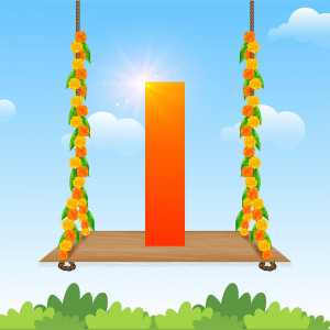 A decorated swing with marigold flowers against a bright blue sky.