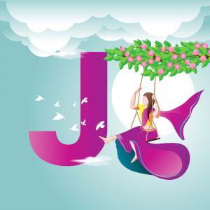 Illustration of the letter J with a girl swinging from it