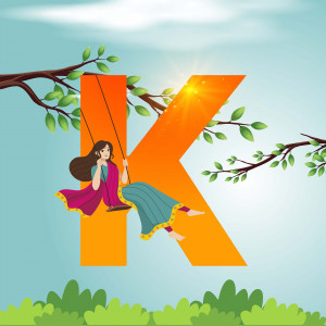 Illustration of a girl swinging on a large letter K