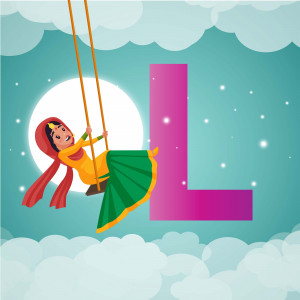 Illustration of a girl in traditional Indian clothing swinging on a rope in front of a large letter L and a moonlit sky.