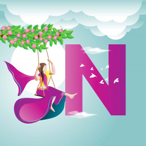 Illustration of the letter N with a girl swinging from it