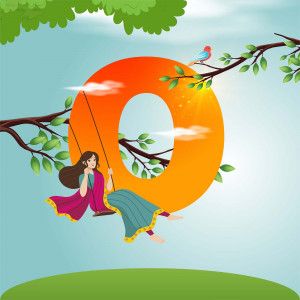 Illustration of a girl swinging on a rope attached to the letter 'O' in a whimsical setting.