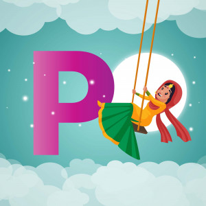 Illustration of the letter P with a girl in traditional Indian clothing swinging in front of it.