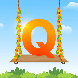 Letter Q decorated with orange marigold flowers hanging from a wooden swing