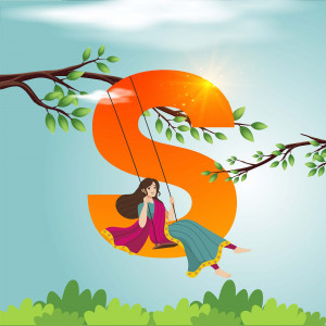 Illustration of a girl swinging on a large letter 'S' with a sunny background.