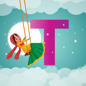 Illustration of a girl in traditional Indian clothing swinging on a rope in front of a large letter T with a moon and clouds background.