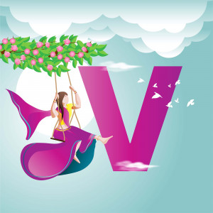 Illustration of the letter V with a girl swinging from a tree branch
