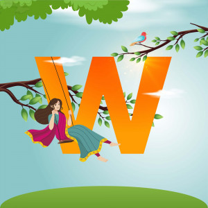 Illustration of a girl swinging on a swing shaped like the letter W