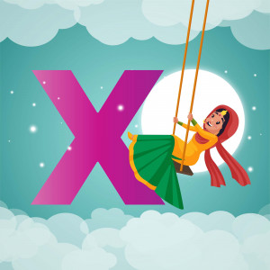 Illustration of the letter X with a girl in traditional Indian clothing swinging in front of it.