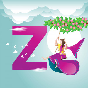 Illustration of the letter Z with a girl swinging from it