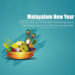 Malayalam New Year festive image with fruits and peacock feathers