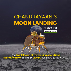Illustration of the Chandrayaan-3 lander on the moon surface with landing details.