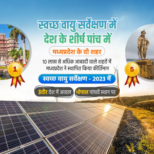 Image showing Madhya Pradesh's ranking in the Swachh Vayu Sarvekshan 2023, with Indore and Bhopal highlighted.