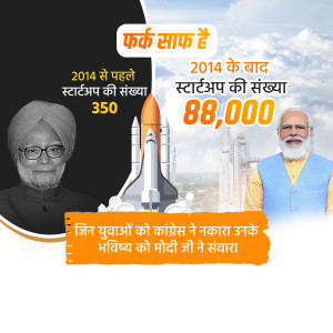 Image depicting the growth of startups in India before and after 2014, featuring Manmohan Singh, Narendra Modi, and a rocket launch.
