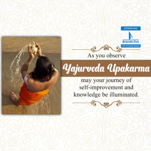 A woman performing a ritual with water, with text promoting Yajurveda Upakarma and self-improvement.