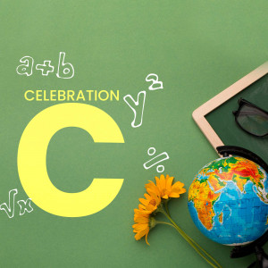 A chalkboard with mathematical symbols, a large letter 'C', a globe, and a sunflower.
