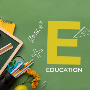 School supplies and the letter E with the word education on a green chalkboard
