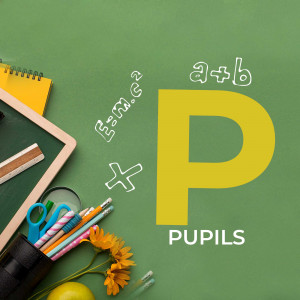 School supplies with mathematical equations and the letter P