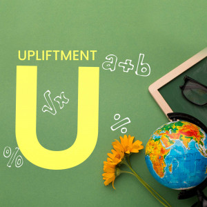 Letter U with mathematical symbols and school supplies on a green background