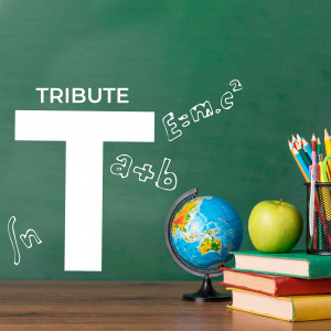 A chalkboard with science equations, a globe, books, and school supplies.