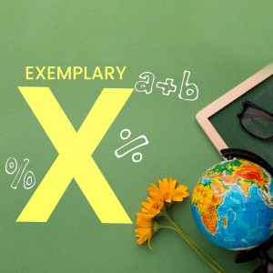 A chalkboard with the letter X, a globe, a flower, and school supplies.