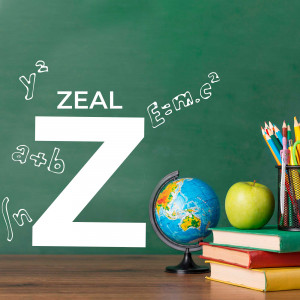 A chalkboard with the word 'ZEAL' prominently displayed alongside school supplies like a globe, books, and pencils.