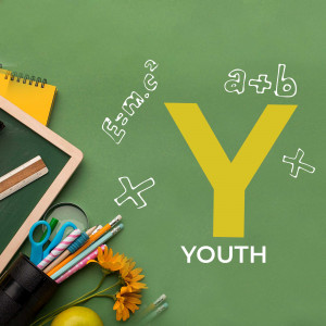 School supplies and mathematical equations with the letter Y and the word YOUTH on a green chalkboard.