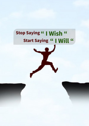 Silhouette of a person jumping over a gap with motivational text.
