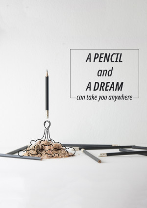 A pencil with a drawing of a person taking off like a rocket ship