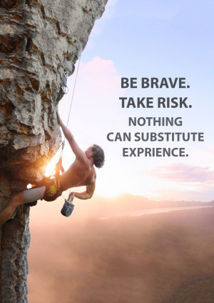 A rock climber scaling a cliff with motivational text overlayed.