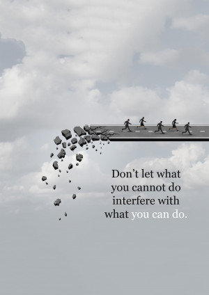 People running on a crumbling road with motivational text